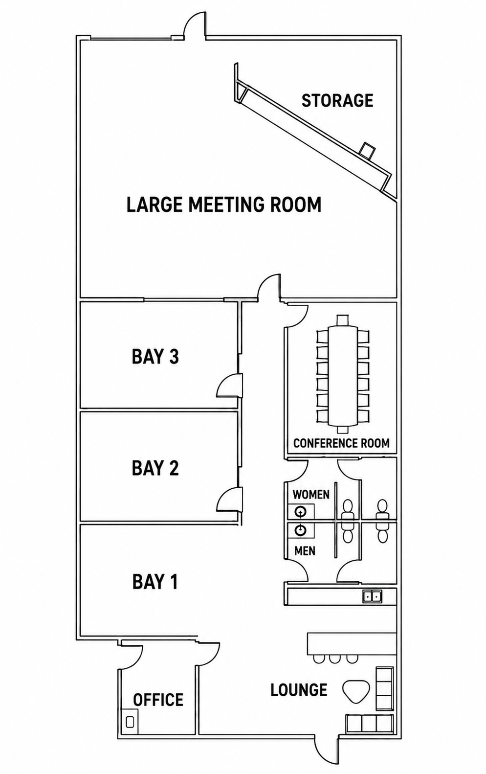 City of Tees floor plan: three indoor golf bays, a conference room, restrooms, storage, an office, a large meeting room, and a social area